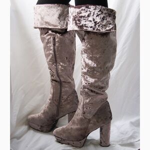 Taupe Velvet/Faux Fur Over-the-Knee Boots